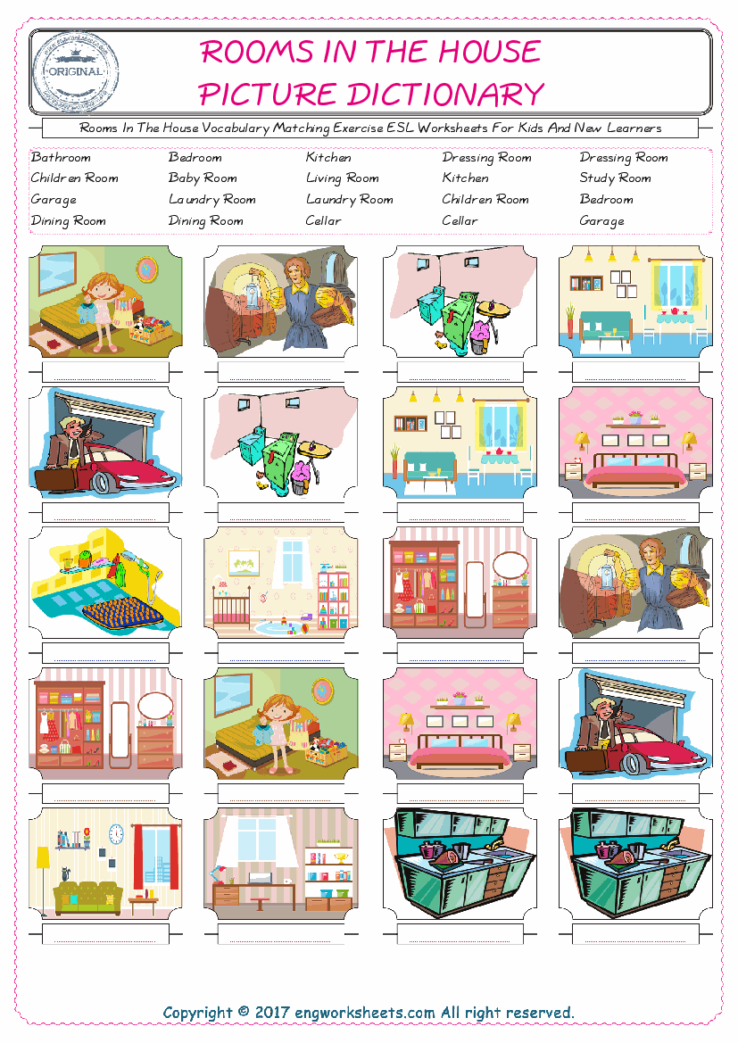 Rooms In The House for Kids ESL Word Matching English Exercise Worksheet. 